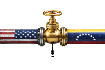 USA and Venezuela Flag Crude Oil Pipeline with Golden Valve and Oil Drip isolated on Transparent Background