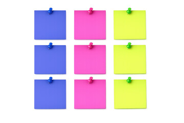 Colorful sticky notes with push pins hanging, organizing tasks, planning ideas and reminders on a transparent background