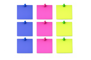 Colorful sticky notes with push pins hanging, organizing tasks, planning ideas and reminders on a transparent background