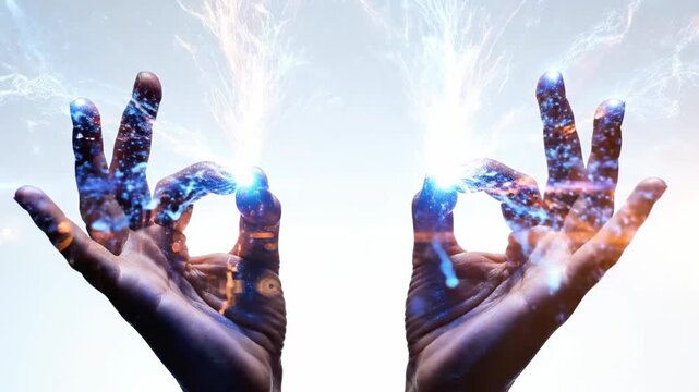 A pair of hands with fingers spread, emitting vibrant blue and orange light