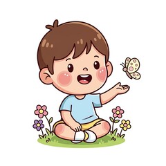 Cute Cartoon Boy Sitting in a Field of Flowers with a Butterfly.