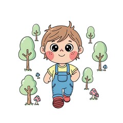 Cute Cartoon Boy Walking in a Forest with Trees and Mushrooms.