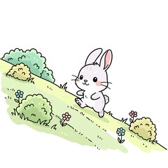 Cute Cartoon Bunny Rabbit Hopping on a Grassy Hillside with Flowers.