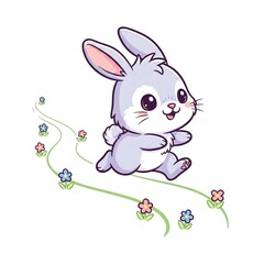 Cute cartoon bunny rabbit running on a path with flowers.