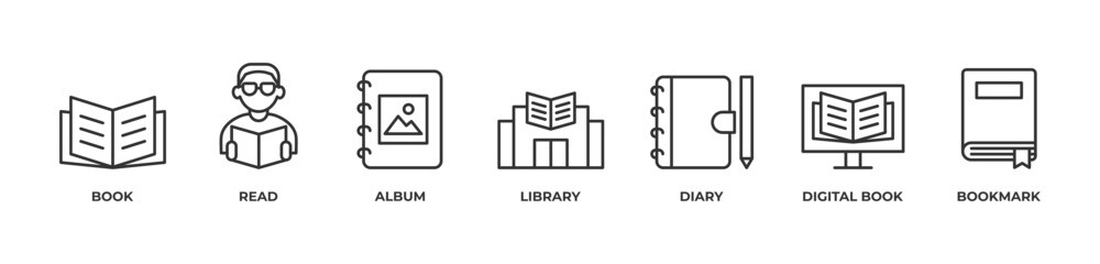Complete Reading Experience Icons set vector illustration outline with BOOK, READ, ALBUM, LIBRARY, DIARY, DIGITAL BOOK, BOOKMARK