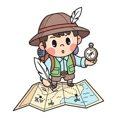 Cute Cartoon Explorer Boy with Map and Compass.