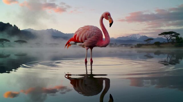 majestic pink flamingo with glowing golden patterns standing in a serene misty lake at sunset with soft ripples and distant mountains scene