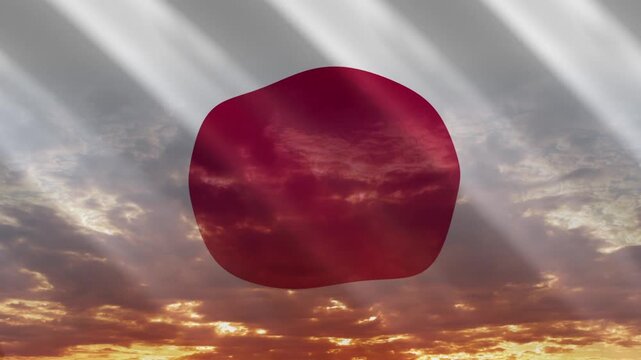 Flag of Japan waving against a vibrant sunset, creating a patriotic and inspiring atmosphere with warm tones.