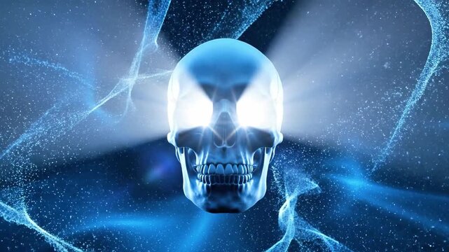 A glowing human skull with bright white light emanating from its eyes, set against a dark blue background with wavy, starry lines