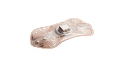 Closeup of a sleek wearable sensor patch adhered to upper torso skin designed to monitor postsurgical healing with advanced biometric tracking technology on a white background.