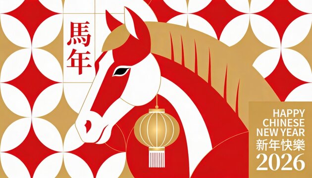 Happy Chinese New Year 2026, Year of the Horse, with traditional lantern and pattern