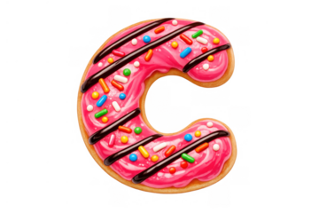 Letter c donut with pink frosting, chocolate drizzle, and colorful sprinkles on transparent background