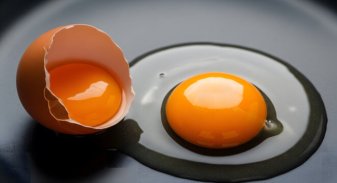 Close-up of a raw egg yolk and egg white cracked open on a dark
