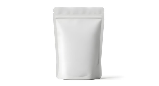 A blank white stand-up pouch with a zipper seal and tear notch, isolated on a white background. Perfect for food or snack packaging mockups.