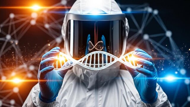 The Genesis of Innovation: A scientist, cloaked in protective gear, delicately examines a luminous DNA helix, symbolizing groundbreaking research in a state-of-the-art laboratory environment. 