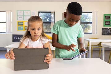Diverse students sitting at white table in bright classroom using tablets in folio cases