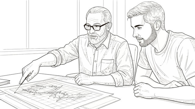Two men examining a map together on a table indoors with a serious expression