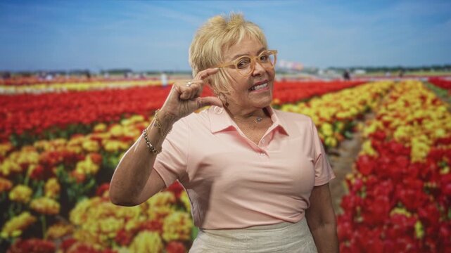 Woman pinches fingers near glasses while smiling in a studio tulip field setting with vibrant blooms and blue sky; playful warmth.