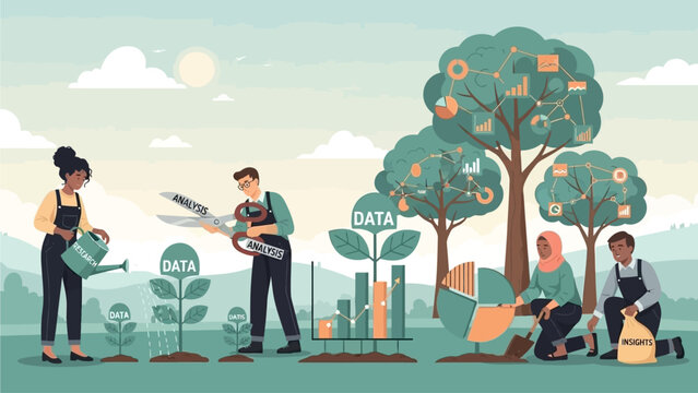 Illustration depicting data analysis and growth, with people tending to data-related plants.