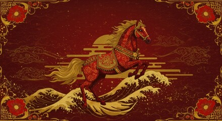 Ornate red horse leaping over golden waves with traditional Chinese decorative elements
