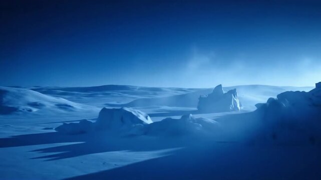 Atmospheric Tundra Blue Hour Ground-level shot depicting the deep blue twilight blanketing snow-covered terrain, possibly with a subtle fog.
