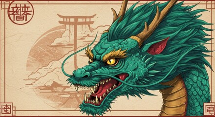 Fierce green dragon with golden horns and yellow eyes, depicted in traditional East Asian art style