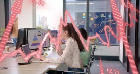 Working woman in floral top and jeans analyzing pyramid at office, with red chart overlay