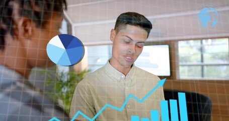 Presenting man in beige shirt reading notes at office while left peer listens with digital charts