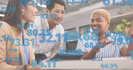Presenting woman wearing striped top explaining data on laptop at office with keyboard, copy space
