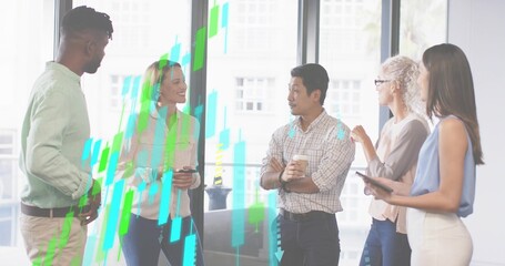 Discussing team in office businesswear by windows holding phone and tablet, showing green bars