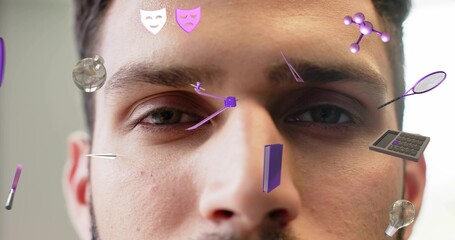 Framing adult male face in room, showing purple icons with calculator, racket, molecule, masks