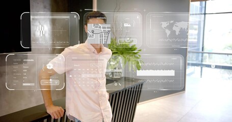 Leaning man wearing pink-shirt on dark counter in office lobby, showing HUD panels, glass-windows