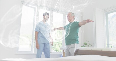 Fototapeta premium Supporting caregiver in light-blue scrubs steadying senior lifting arms in bedroom, bed and plant