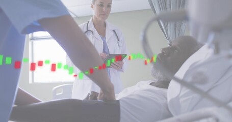 Adjusting scrub nurse placing BP cuff on patient at ward, whitecoat doctor with tablet, candlestick