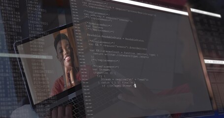 Typing dev at home desk with laptop, screens with code, remote-red-top-woman, hoodie, copy space