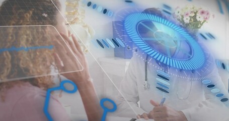 Writing doctor in white coat with stethoscope writing on clipboard in clinic with AR overlay