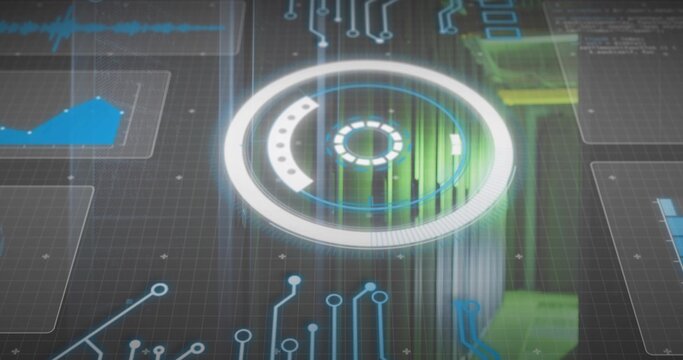 Glowing central HUD emitting vertical green bars and circuit traces on grid plane, floating panels - Powered by Adobe