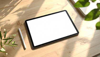Modern tablet with blank screen on wooden desk with stylus and plants in natural sunlight from above.
