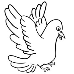 Obraz premium Peaceful Cartoon Dove Flying with Spread Wings in Black and White Line Art Illustration