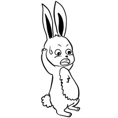 Obraz premium Scared Cartoon Rabbit Holding Head in Panic Black and White Line Art Illustration