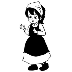 Fototapeta premium Happy Cartoon Girl Waving in Vintage Dress Black and White Line Art Illustration