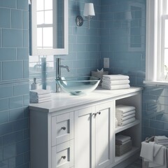 Modern Bathroom with White Vanity and Blue Tiles.