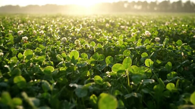 Camera slowly gliding through a verdant clover field Low angle dolly shot, smooth movement, immersive