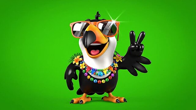 Funny 3D Toucan Character Wearing Sunglasses and Lei on Green Screen.