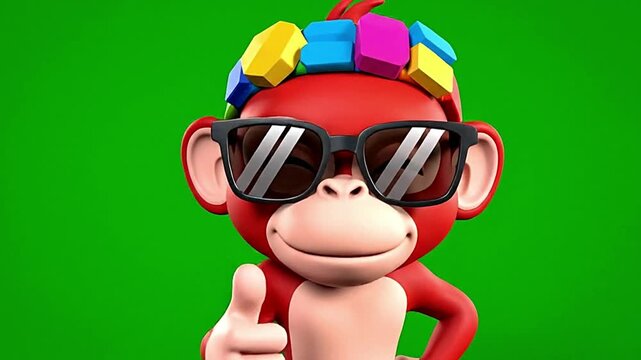 Funny 3D Cartoon Monkey Character with Sunglasses and Colorful Hat on Green Screen.