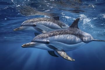 Naklejka premium Two dolphins swimming underwater in ocean with sunlight reflecting on their bodies, creating peaceful and natural marine scene full of life and motion