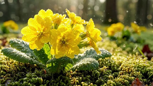 Primrose Dewdrop Sparkle Extreme close-up on a single primrose blossom, tiny dew drops on its petals and leaves intensely glistening in soft morning light, creating a natural, radiant twinkle.