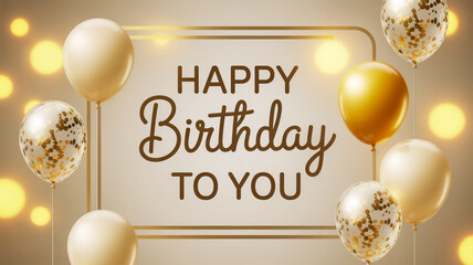 Gold and white birthday greeting card with balloons and confetti
