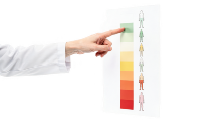 Minimalistic clinic photo showcasing a closeup of a healthcare professional pointing at a lower limb claudication severity scale chart highlighting pain levels in different colors