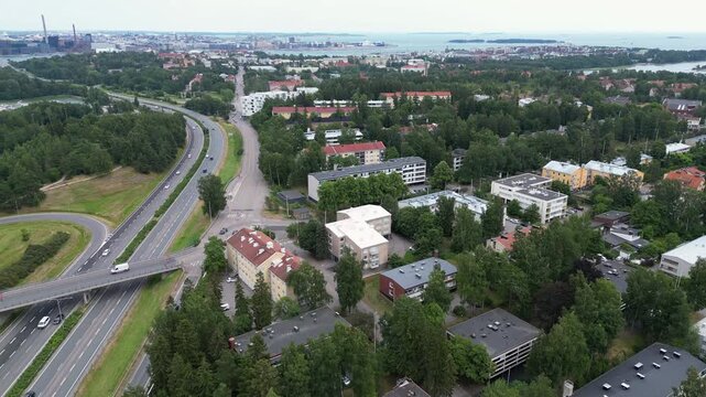 Aerial video showcases the Lansivayla Highway, a major traffic route connecting cities Espoo and  Helsinki, Finland.